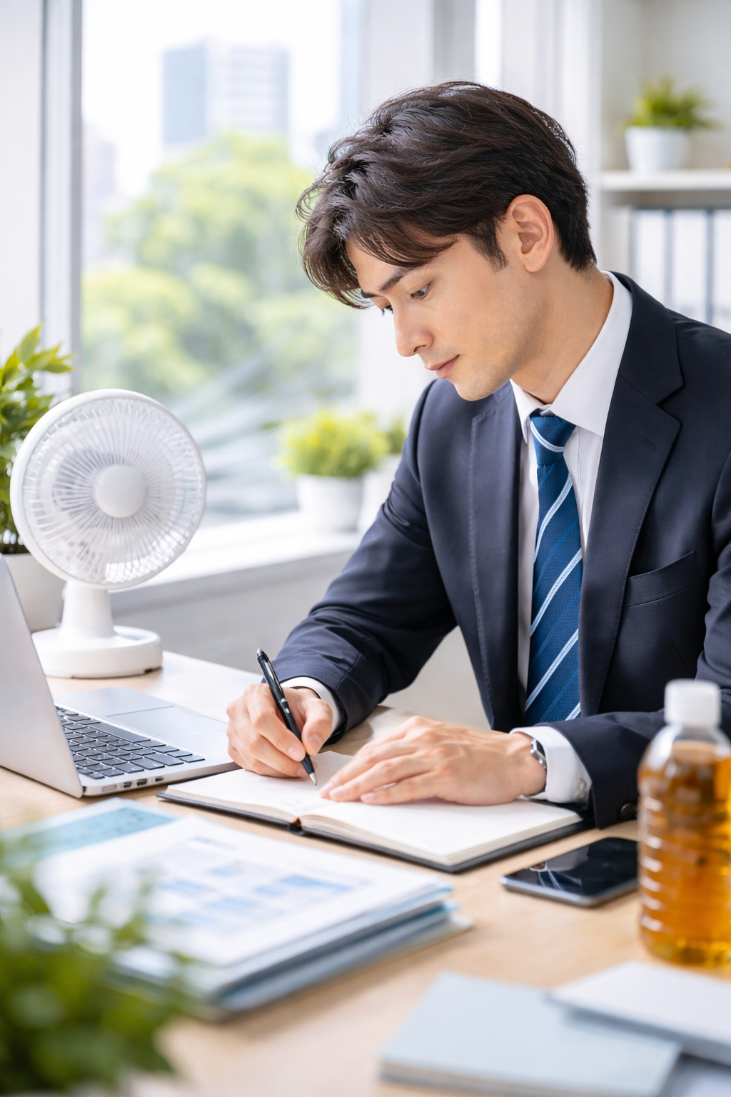 スーツ姿でうつむく営業マン・夏のオフィス